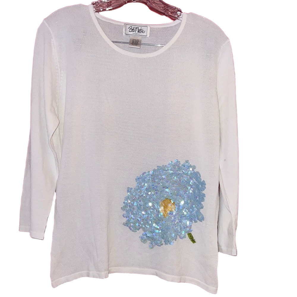 Vintage Bob Mackie White Long Sleeve Top with Blue and Gold Floral Design M